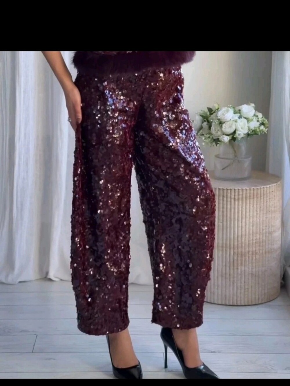 Zara Burgundy Sequin Wide-Leg Pants